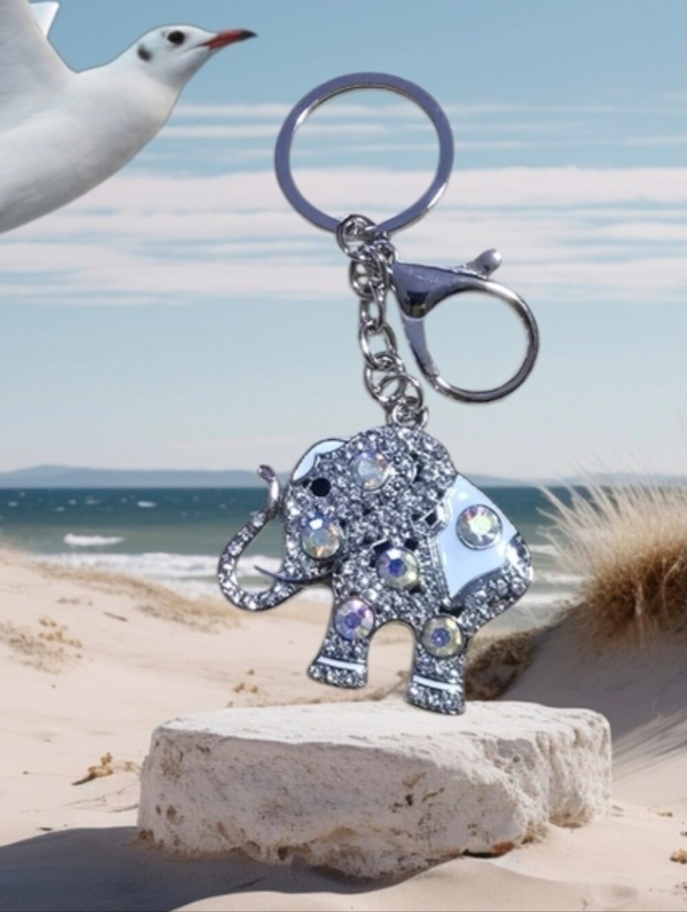 Crystal Elephant Keychain Card Holder - Silver